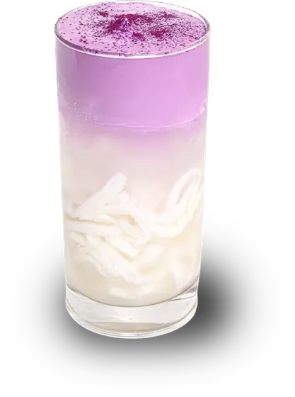 Coconut water with young coconut, topped with a purple ube cloud