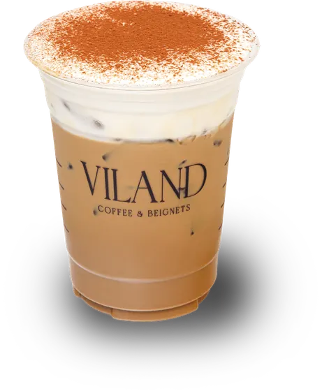 Iced latte in a ViLand cup with a cocoa-dusted cream top