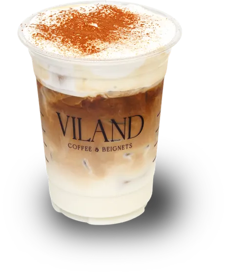 Iced Vietnamese coffee in a ViLand cup with a cocoa-dusted cream top