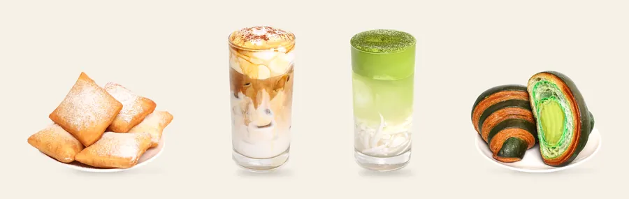 Beignets, cream coffee, Young Coconut Matcha Latte, and an avocado-custard croissant, arranged in a row.