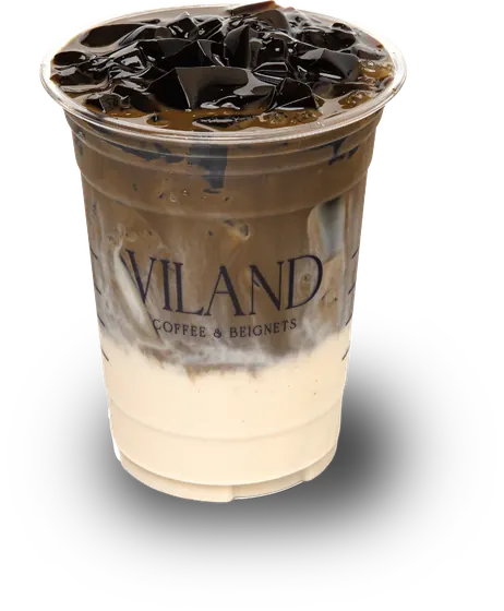 Hojicha latte topped with glossy grass jelly in a ViLand cup