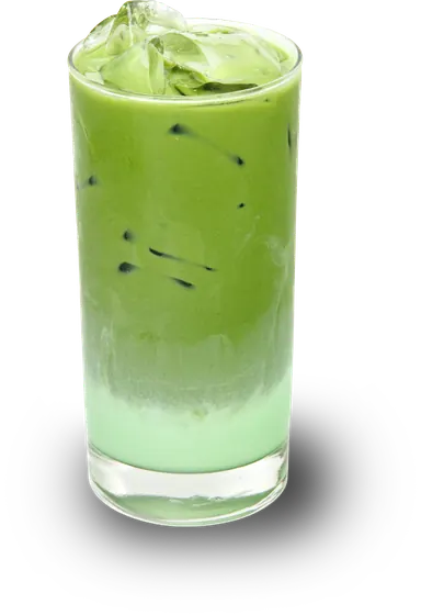 Iced matcha latte, bright green over pale milk