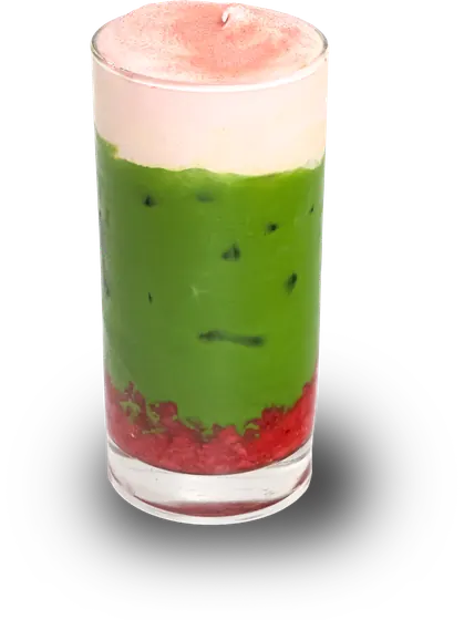 Matcha layered between strawberry purée and a pink cream top