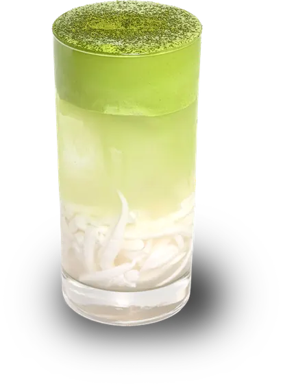 Layered matcha latte over milk and fresh young coconut